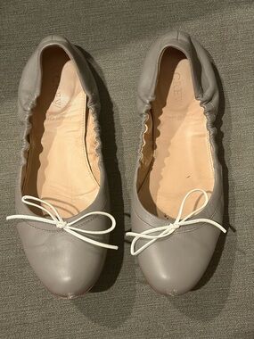 J. Crew Light Gray Leather Ballet Flats with White Bow